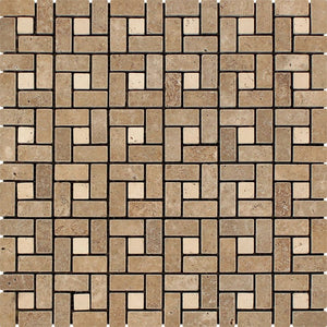 5/8 x 1 1/4 Tumbled Noce Travertine Mini Pinwheel Mosaic Tile w/ Ivory Dots - Tilephile