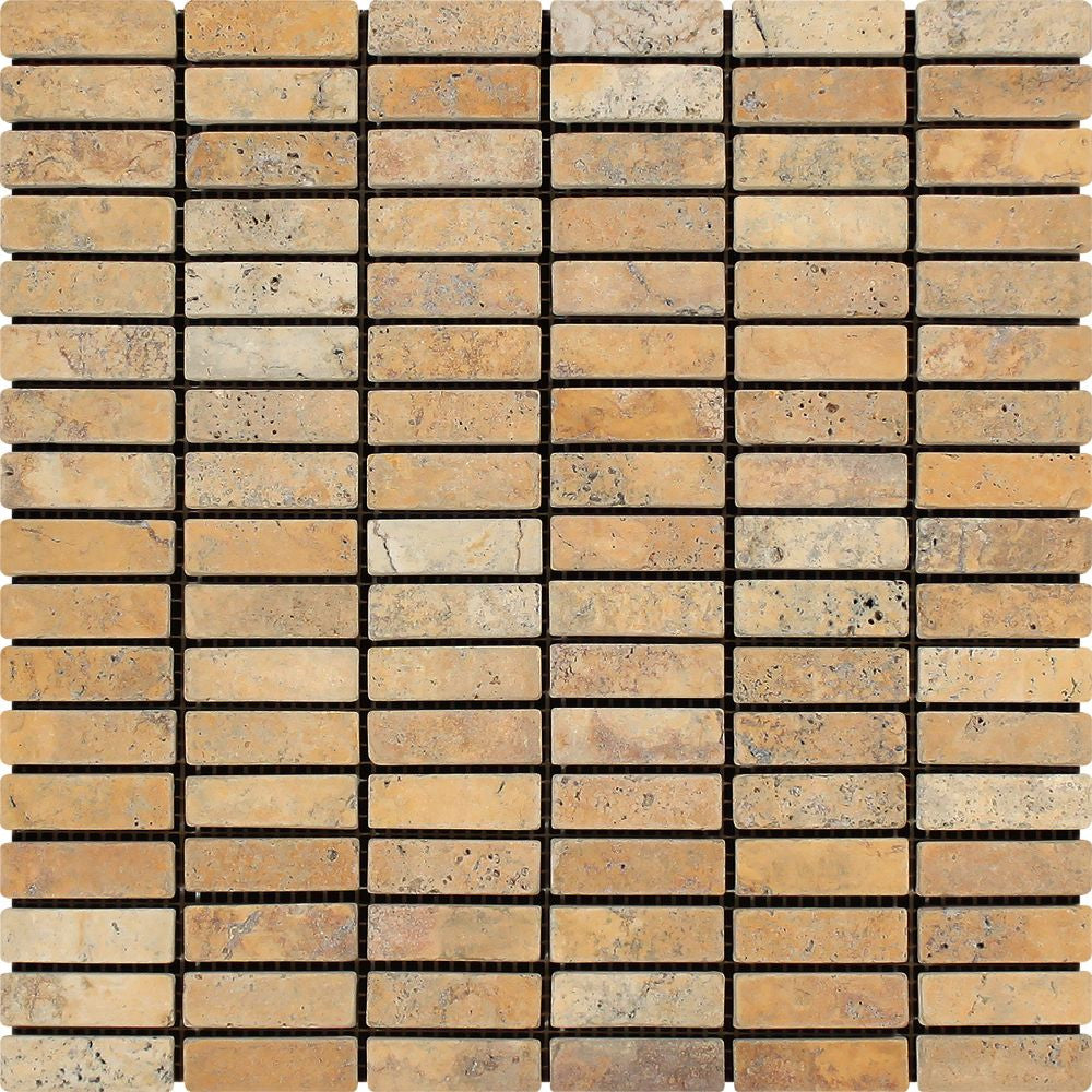 5/8 x 2 Tumbled Gold Travertine Single-Strip Mosaic Tile - Tilephile