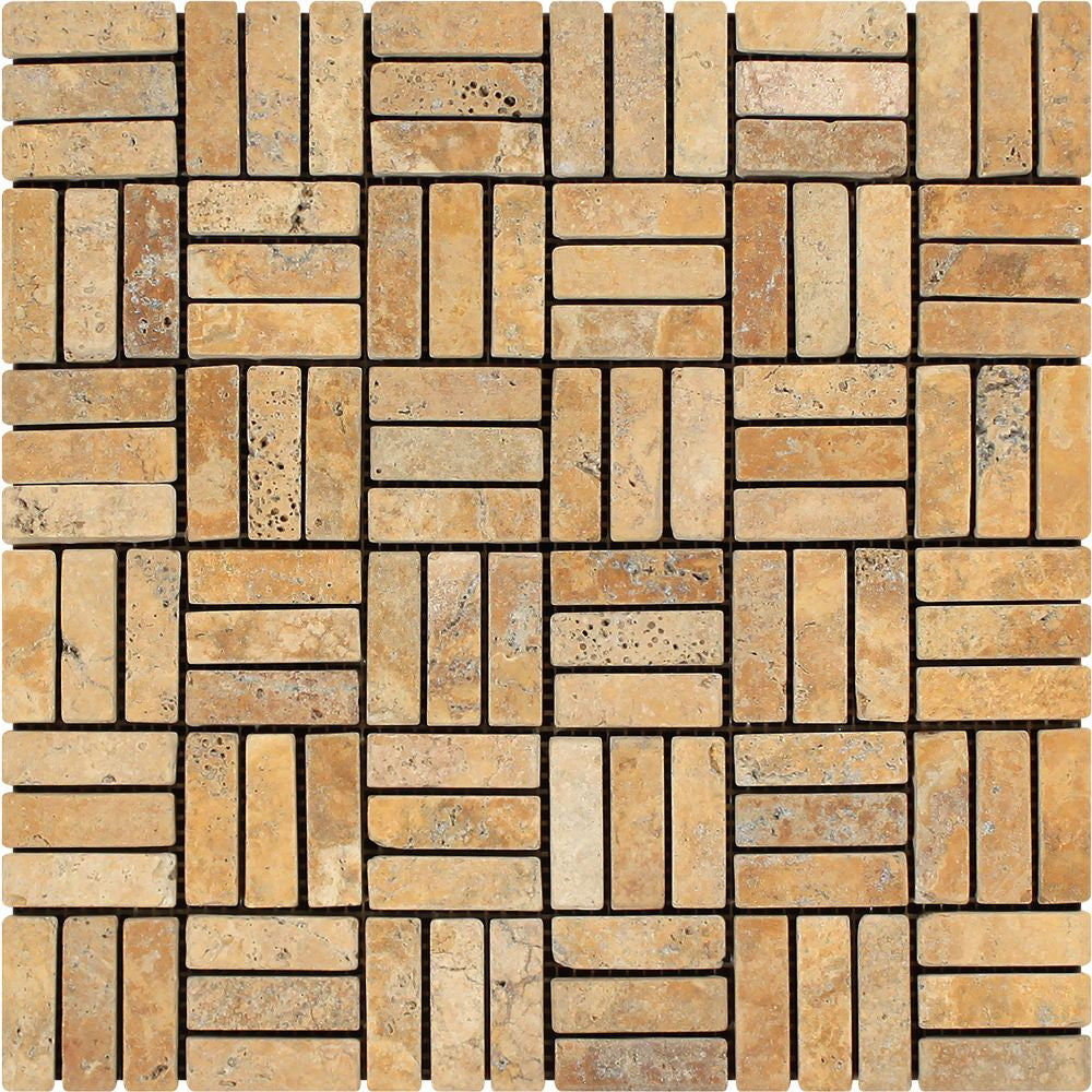 5/8 x 2 Tumbled Gold Travertine Triple-Strip Mosaic Tile - Tilephile
