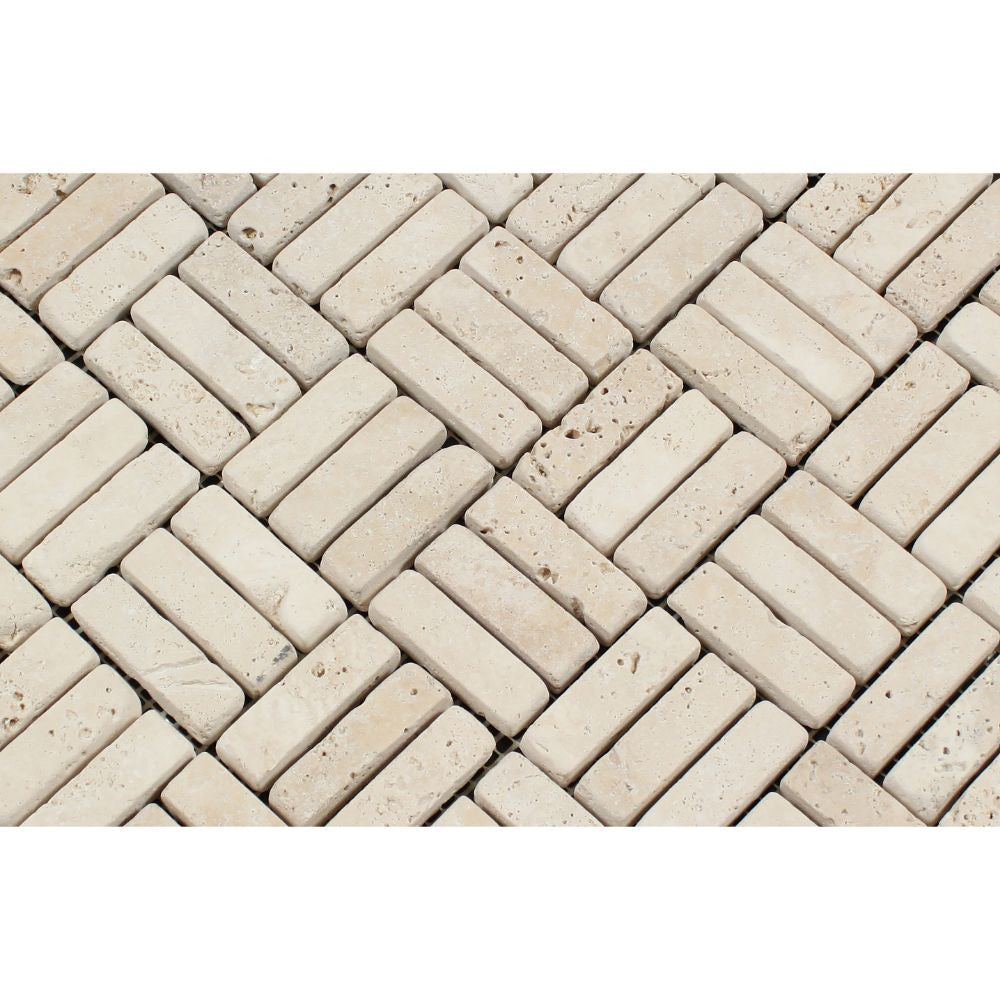 5/8 x 2 Tumbled Ivory Travertine Triple-Strip Mosaic Tile - Tilephile