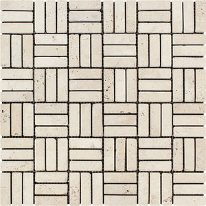 5/8 x 2 Tumbled Ivory Travertine Triple-Strip Mosaic Tile - Tilephile