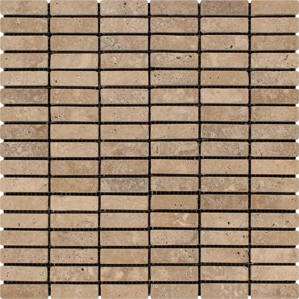 5/8 x 2 Tumbled Noce Travertine Single-Strip Mosaic Tile - Tilephile