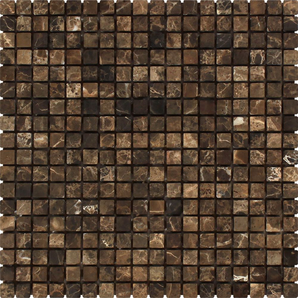 5/8 x 5/8 Tumbled Emperador Dark Marble Mosaic Tile Sample - Tilephile