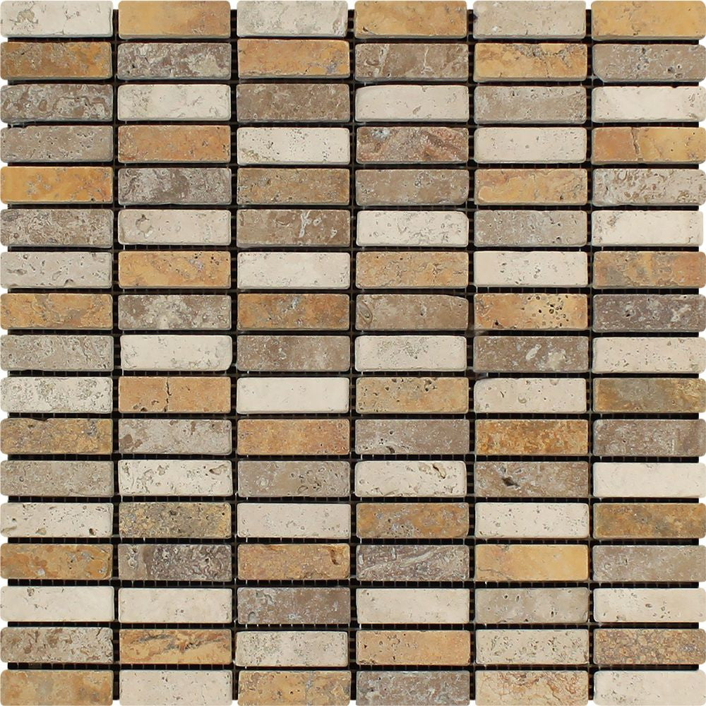 5/8 x 2 Tumbled Mixed Travertine Single-Strip Mosaic Tile (Ivory + Noce + Gold) - Tilephile