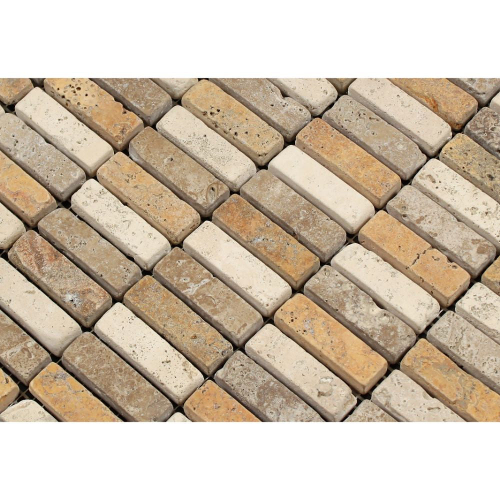 5/8 x 2 Tumbled Mixed Travertine Single-Strip Mosaic Tile (Ivory + Noce + Gold) - Tilephile