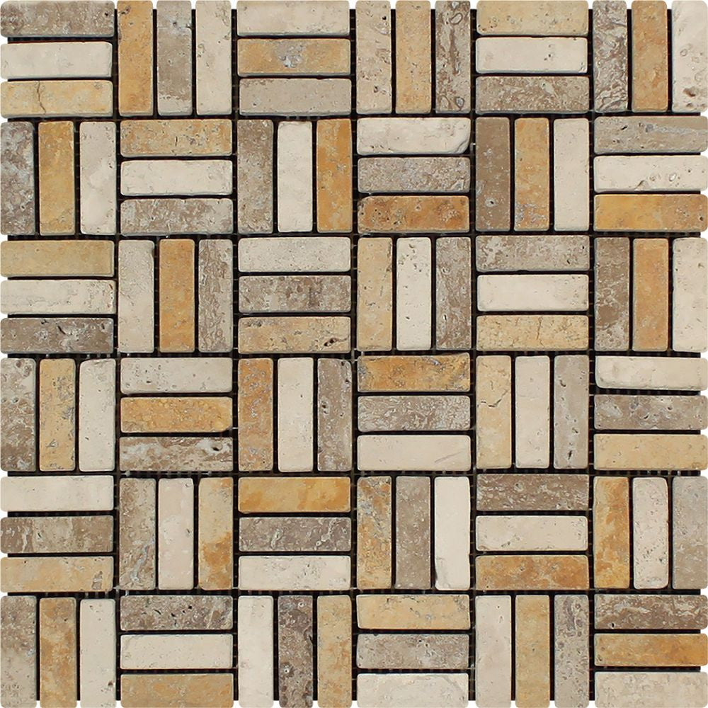 5/8 x 2 Tumbled Mixed Travertine Triple-Strip Mosaic Tile (Ivory + Noce + Gold) Sample - Tilephile