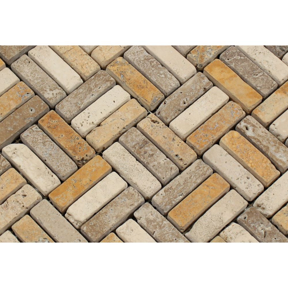 5/8 x 2 Tumbled Mixed Travertine Triple-Strip Mosaic Tile (Ivory + Noce + Gold) - Tilephile