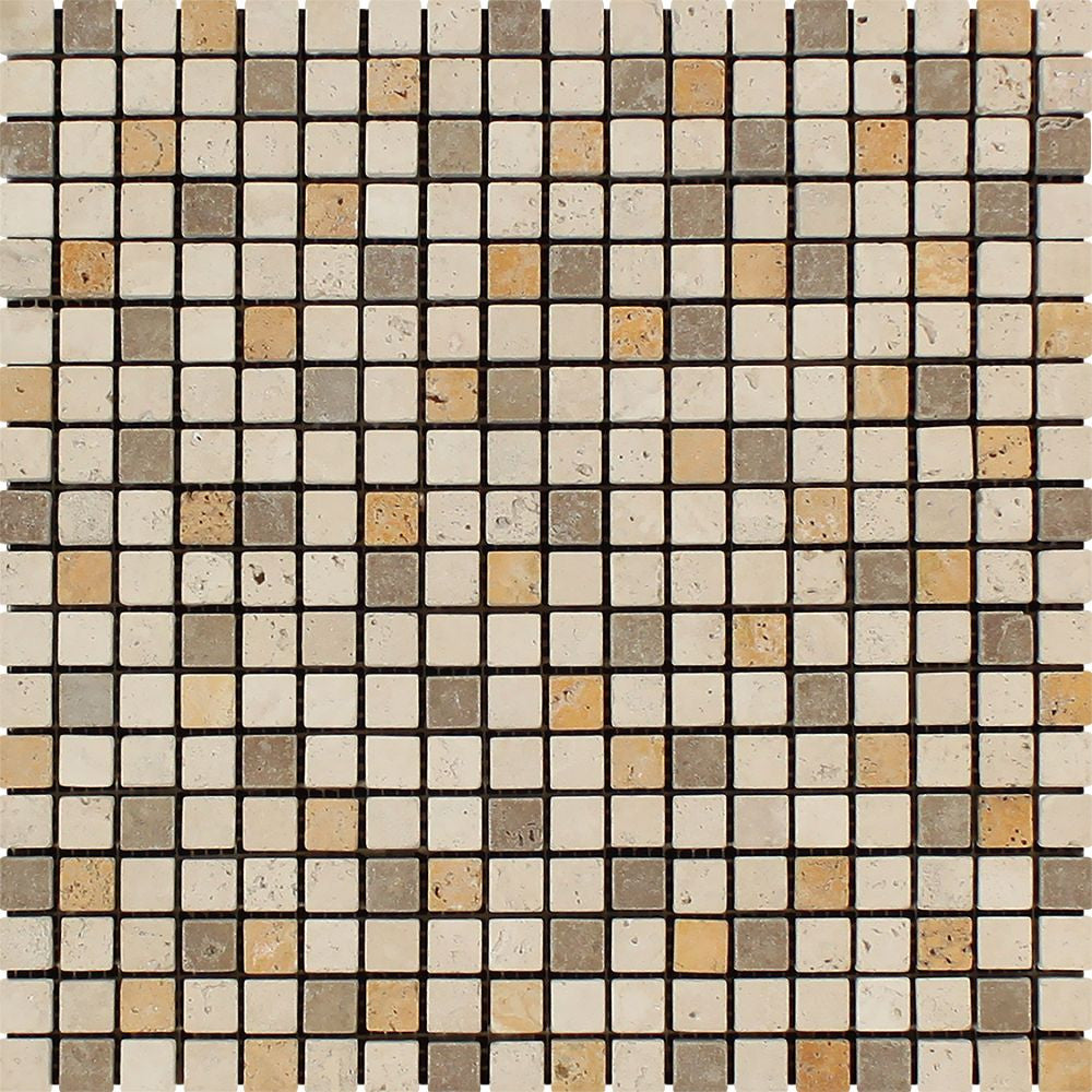 5/8 x 5/8 Tumbled Mixed Travertine Mosaic Tile (Ivory + Noce + Gold) Sample - Tilephile