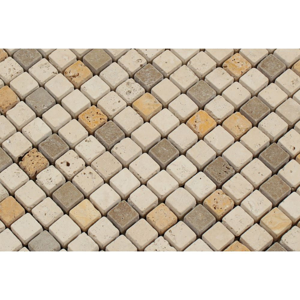 5/8 x 5/8 Tumbled Mixed Travertine Mosaic Tile (Ivory + Noce + Gold) - Tilephile