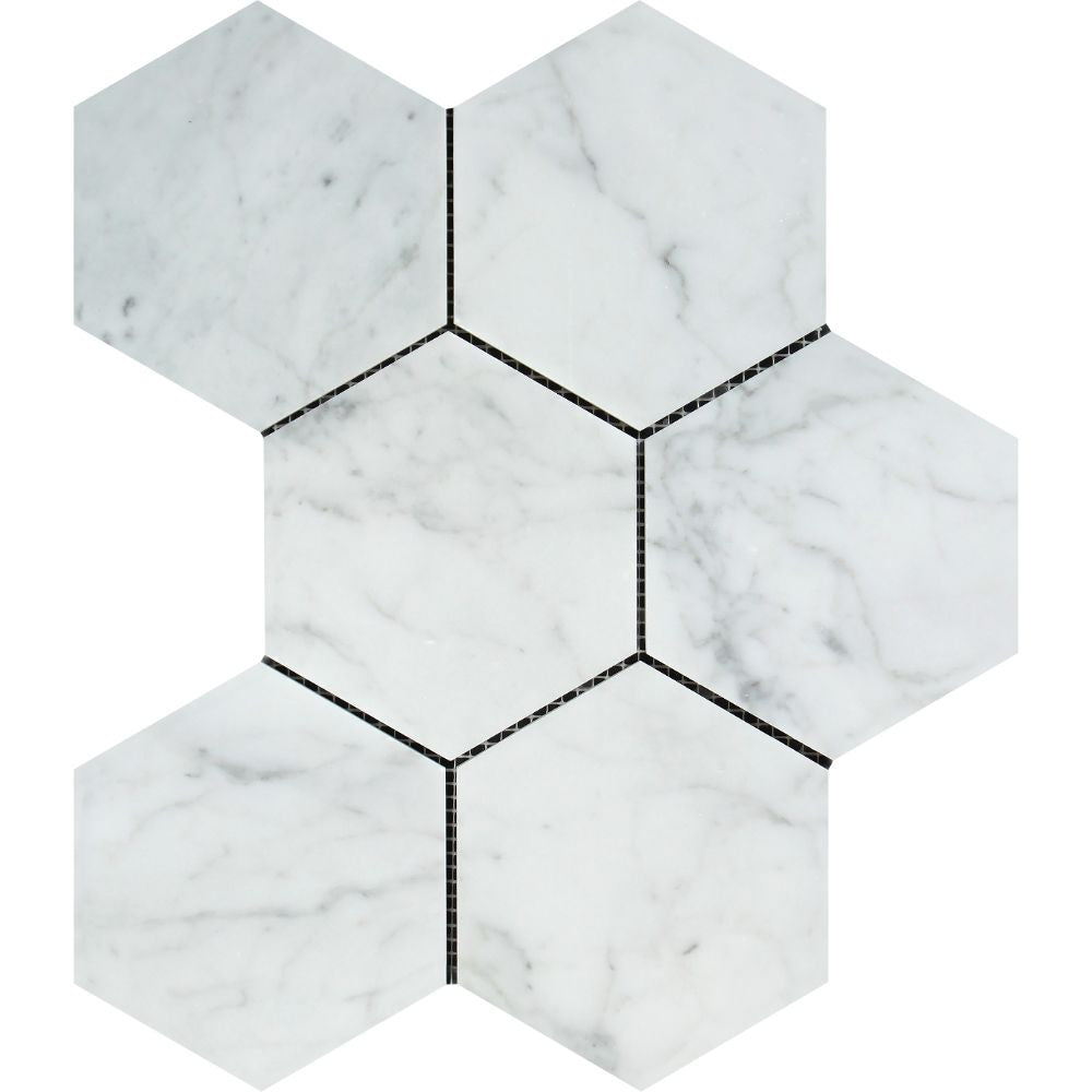 5 x 5 Honed Bianco Carrara Marble Hexagon Mosaic Tile Sample - Tilephile