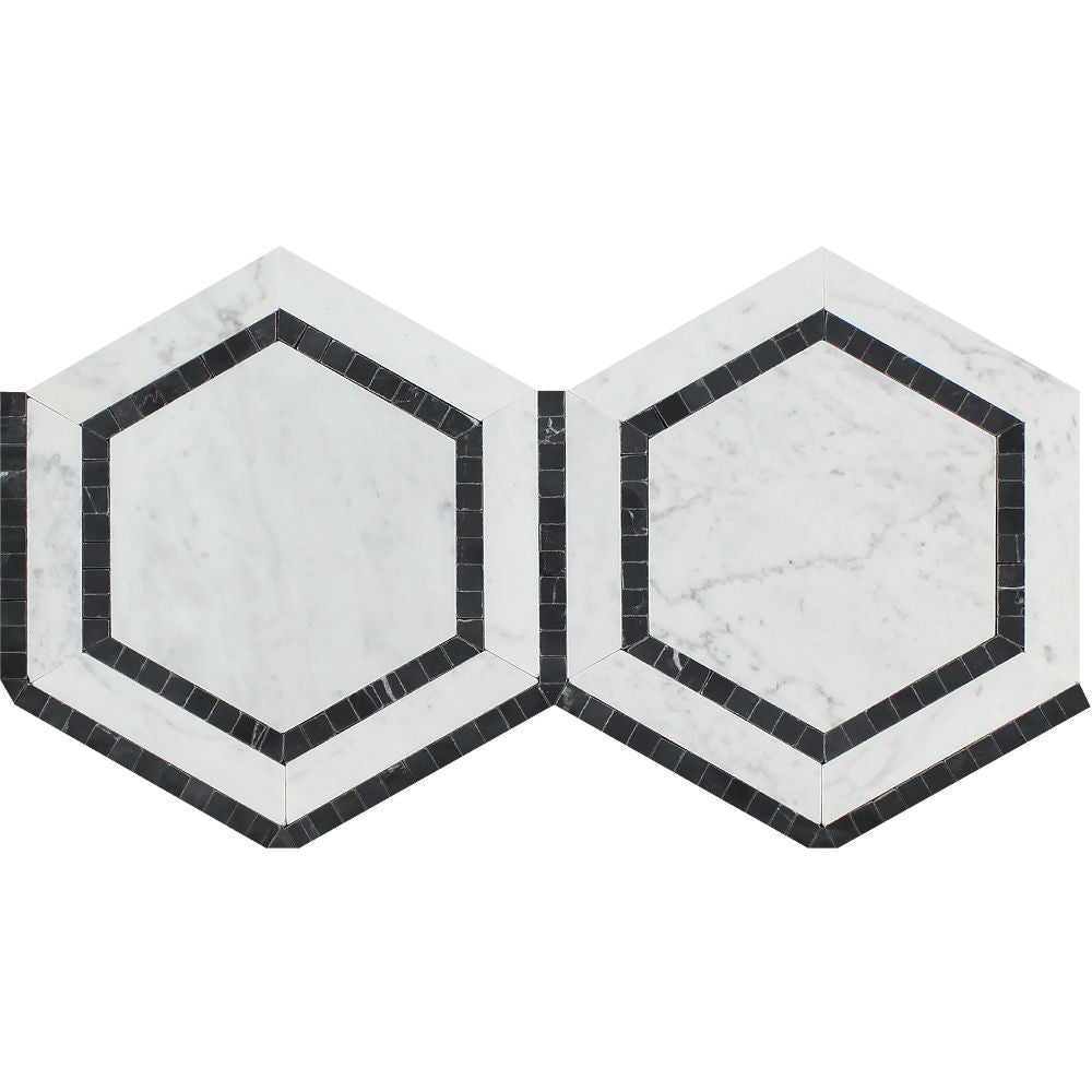 5 x 5 Honed Bianco Carrara Marble Hexagon Mosaic Tile (w/ Black) Sample - Tilephile