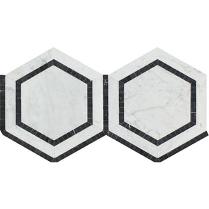 5 x 5 Honed Bianco Carrara Marble Hexagon Mosaic Tile (w/ Black) - Tilephile
