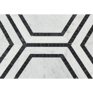 5 x 5 Honed Bianco Carrara Marble Hexagon Mosaic Tile (w/ Black) - Tilephile