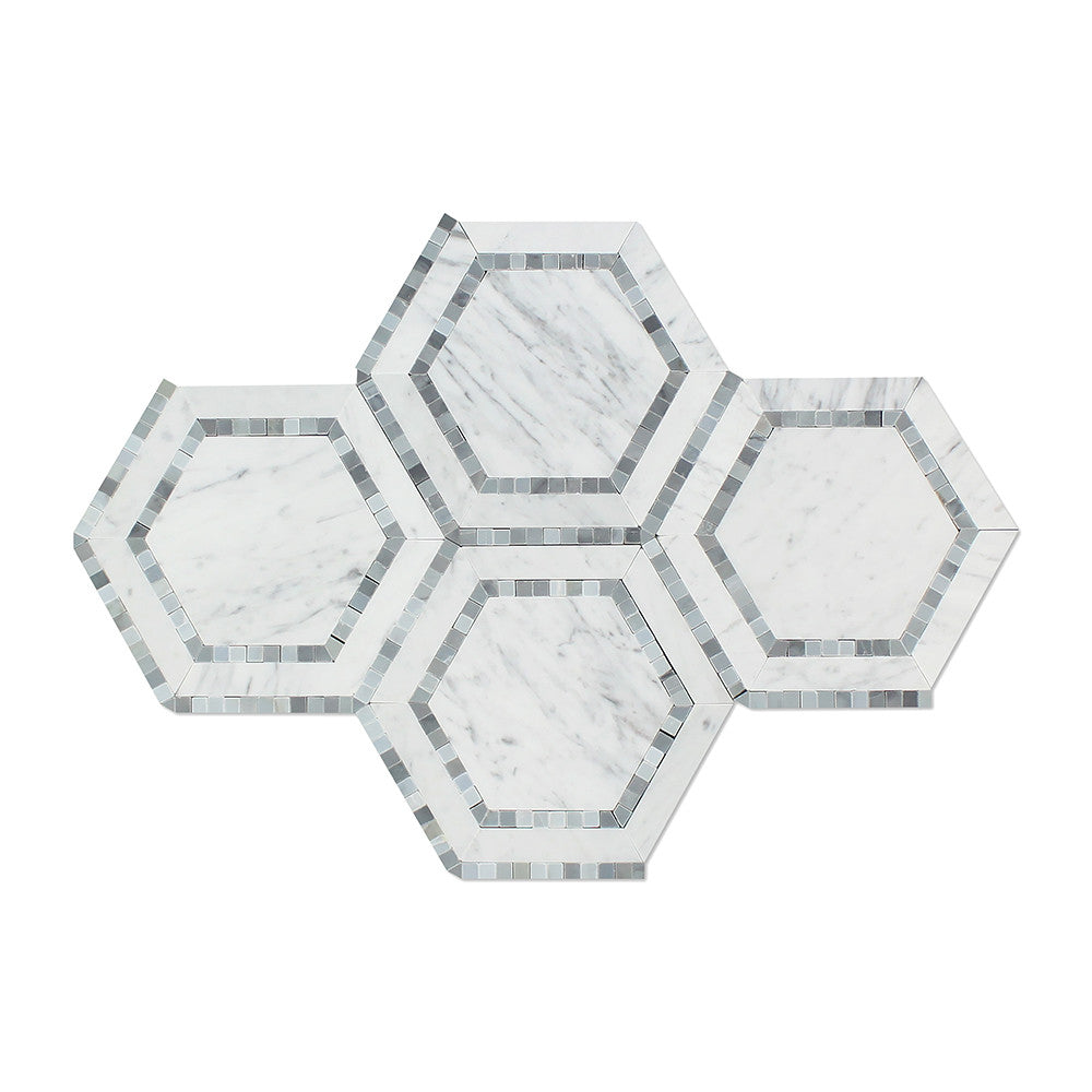 5 x 5 Honed Bianco Carrara Marble Hexagon Mosaic Tile (w/ Blue-Gray) - Tilephile