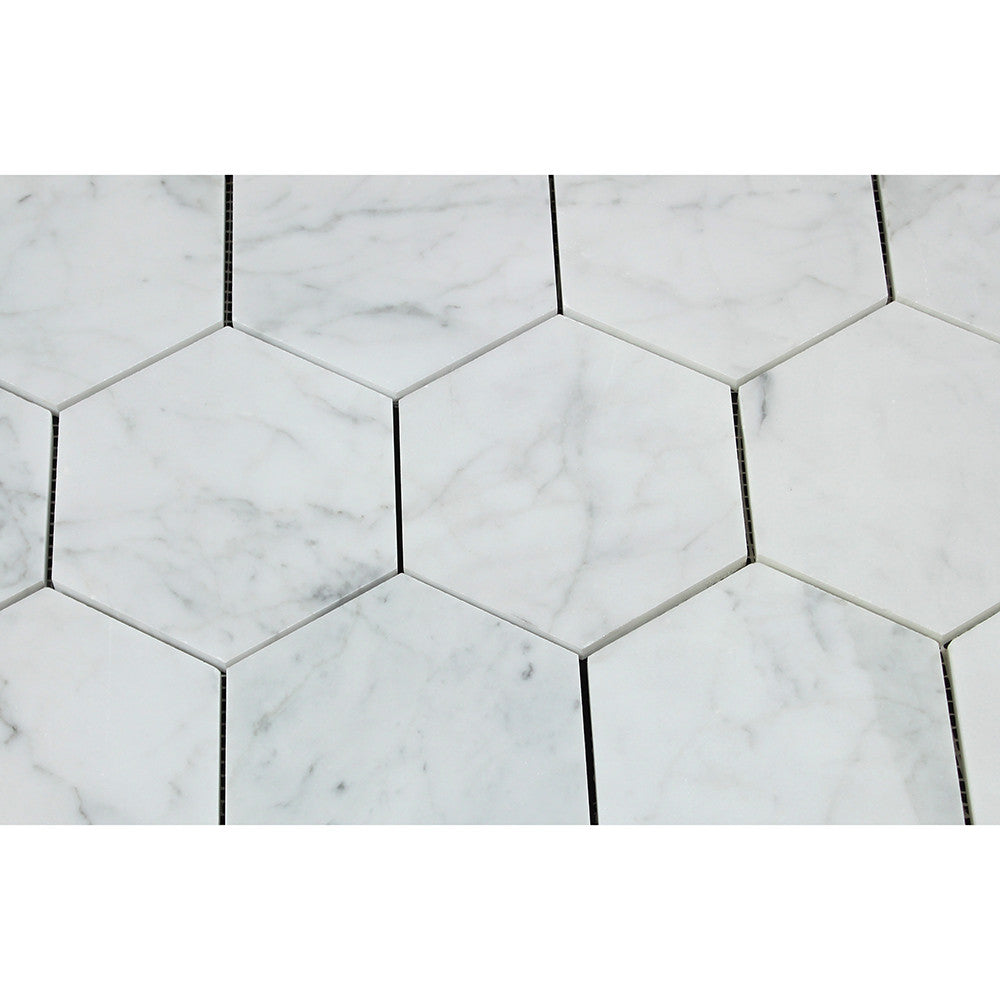 5 x 5 Polished Bianco Carrara Marble Hexagon Mosaic Tile - Tilephile