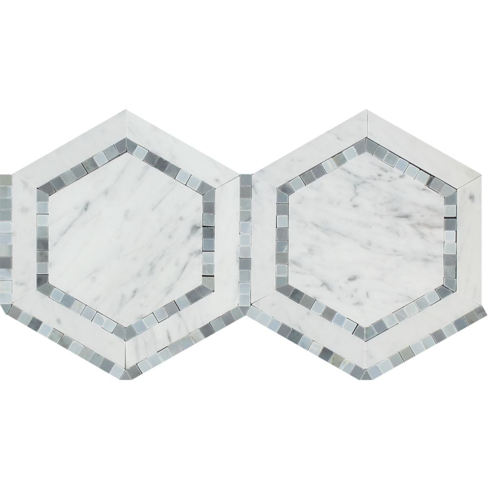 5 x 5 Polished Bianco Carrara Marble Hexagon Mosaic Tile (w/ Blue-Gray) Sample - Tilephile