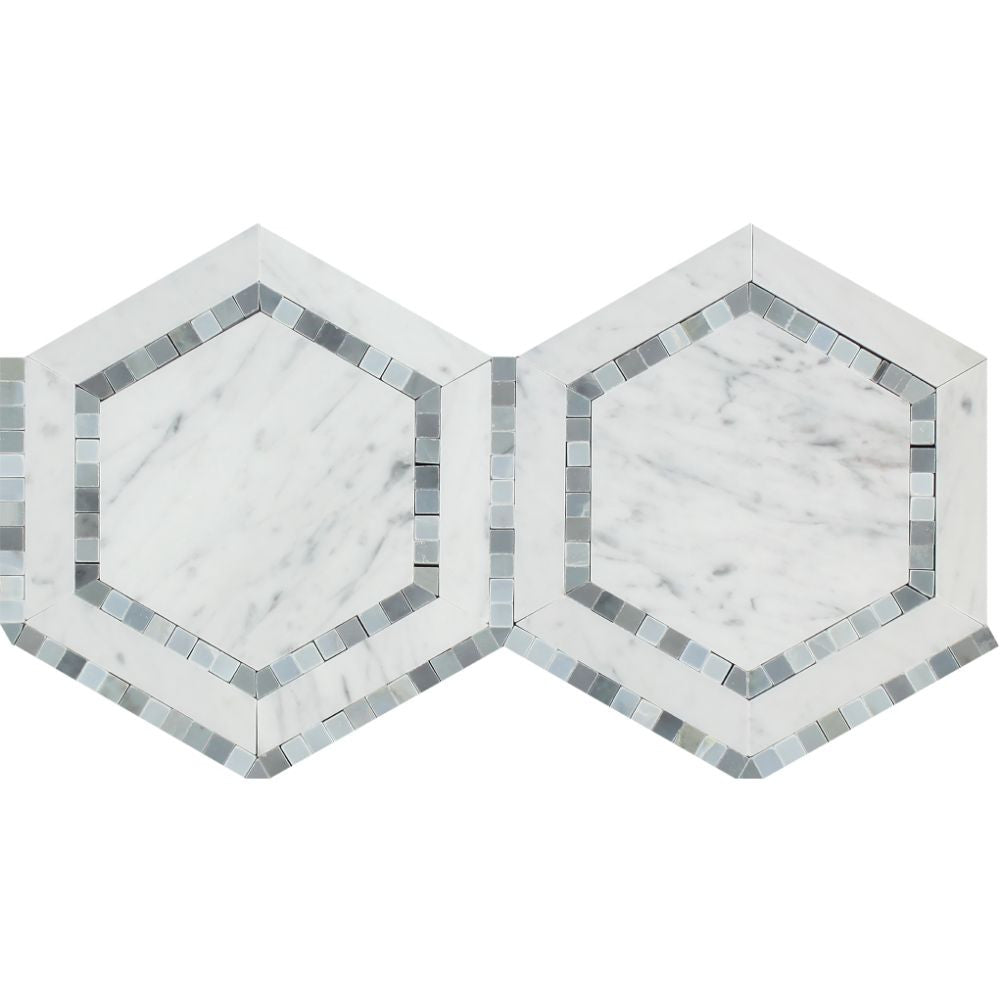 5 x 5 Polished Bianco Carrara Marble Hexagon Mosaic Tile (w/ Blue-Gray) - Tilephile