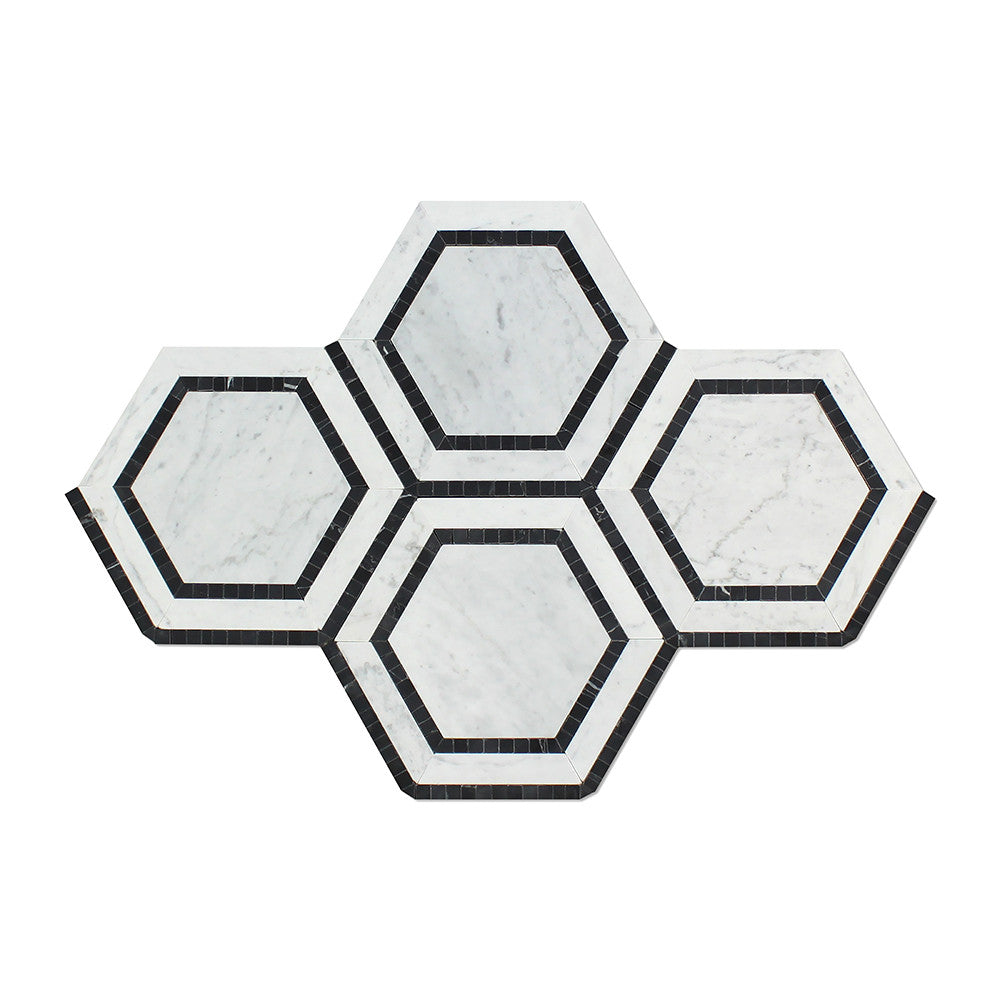 5 x 5 Polished Bianco Carrara Marble Hexagon Mosaic Tile (w/ Black) - Tilephile