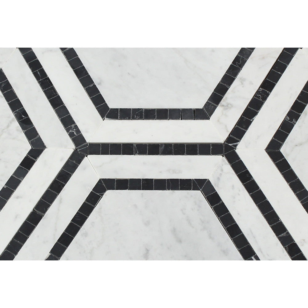 5 x 5 Polished Bianco Carrara Marble Hexagon Mosaic Tile (w/ Black) - Tilephile