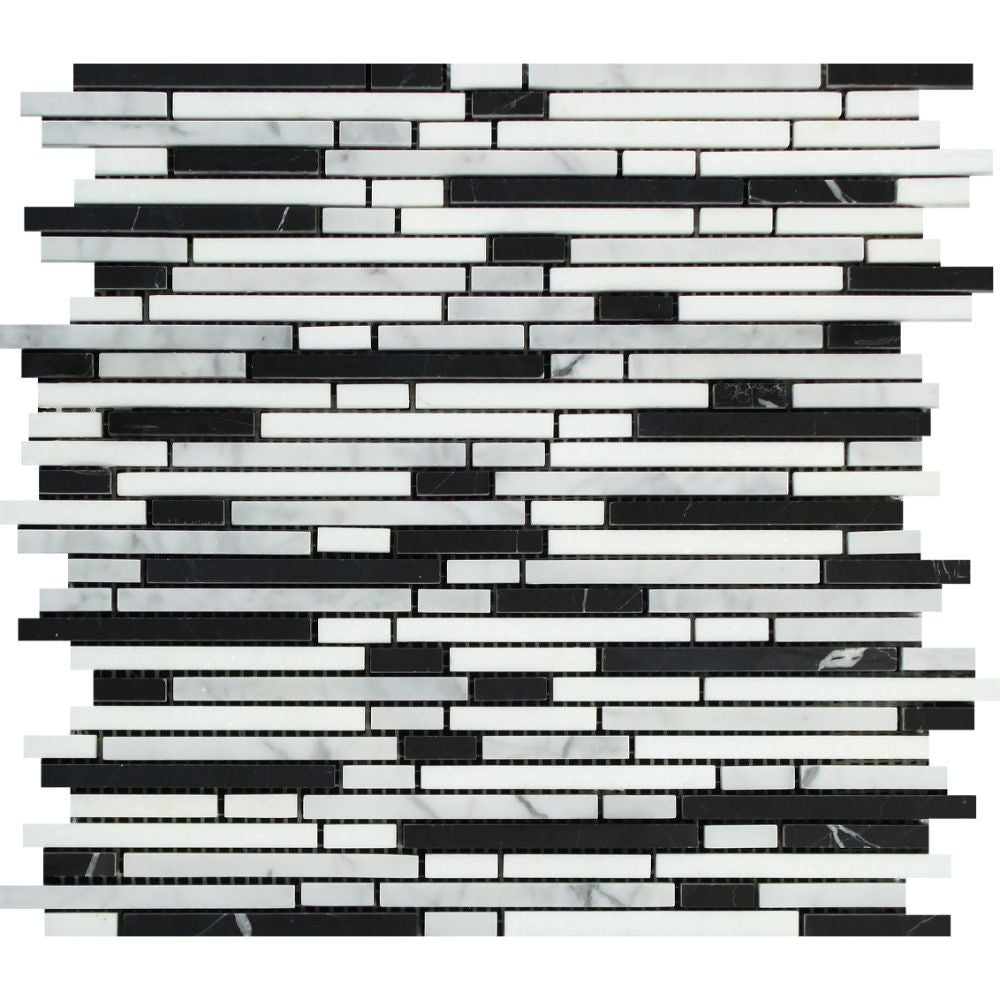 Bianco Carrara Honed Marble Bamboo Sticks Mosaic Tile (Carrara + Black) Sample - Tilephile