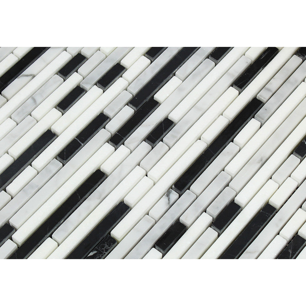 Bianco Carrara Honed Marble Bamboo Sticks Mosaic Tile (Carrara + Black) - Tilephile