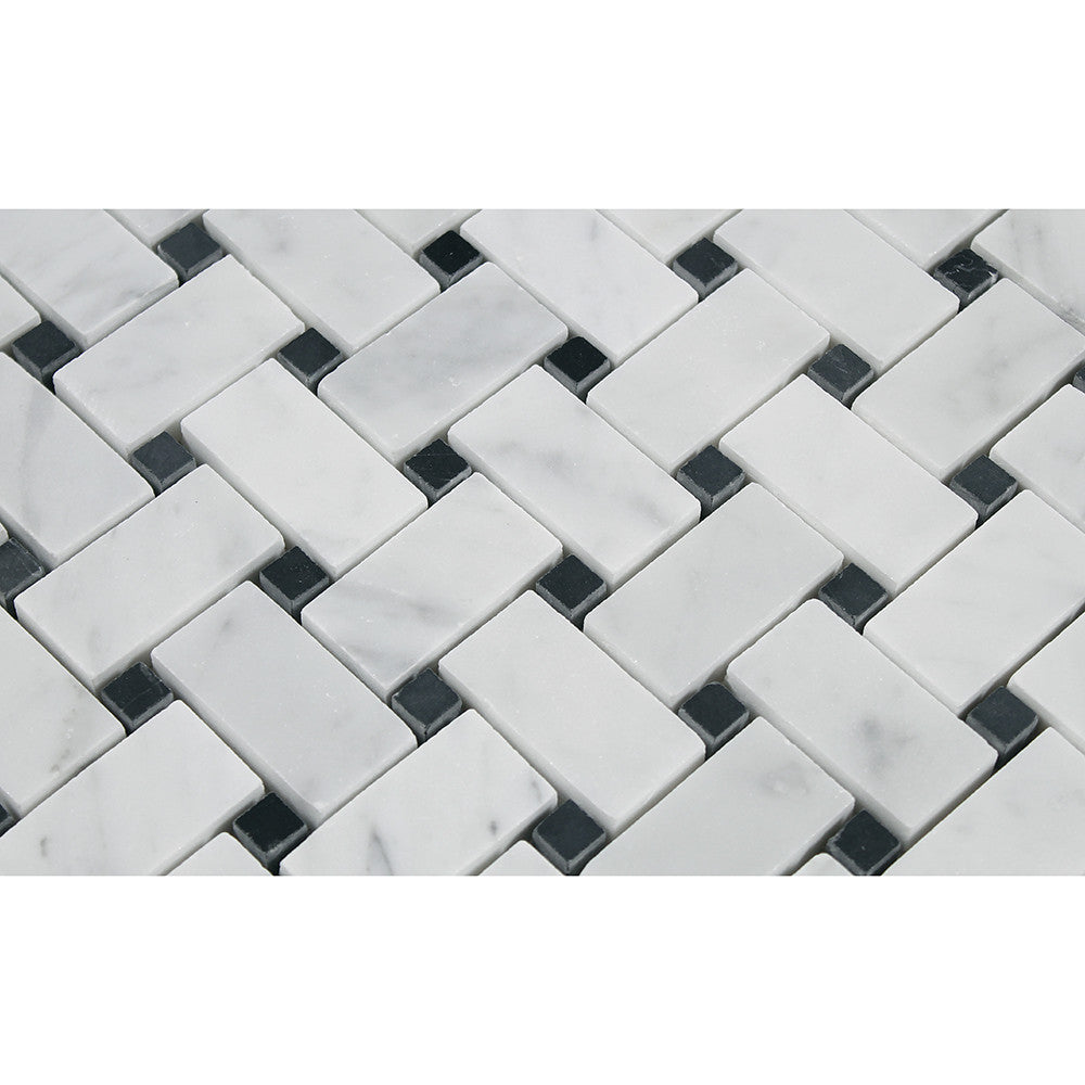 Bianco Carrara Honed Marble Basketweave Mosaic Tile (w/ Black Dots) - Tilephile
