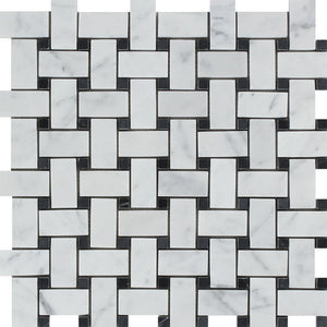 Bianco Carrara Honed Marble Basketweave Mosaic Tile (w/ Black Dots) - Tilephile