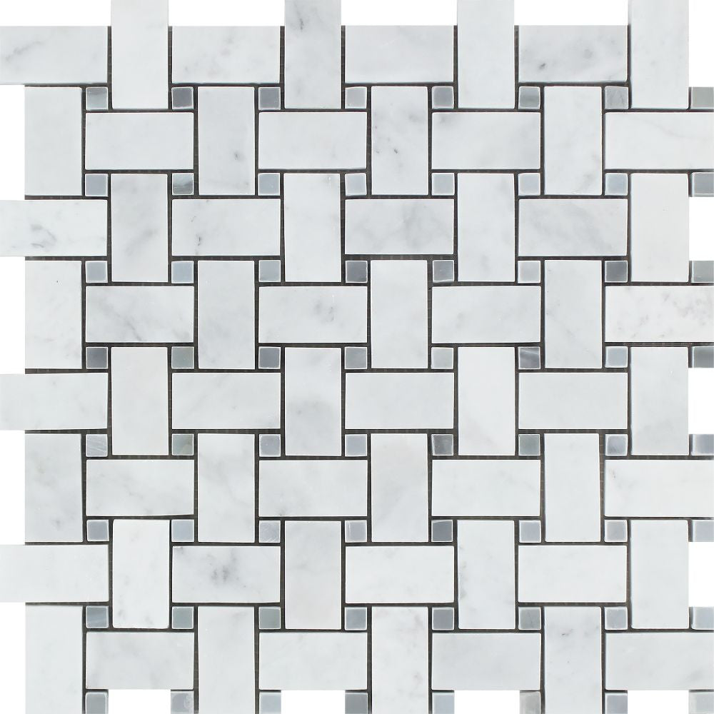 Bianco Carrara Honed Marble Basketweave Mosaic Tile (w/ Blue-Gray Dots) - Tilephile