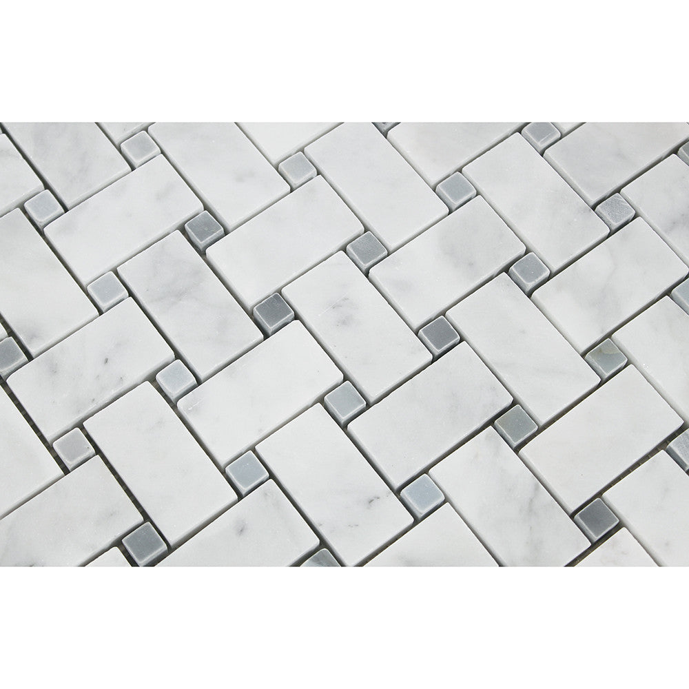 Bianco Carrara Honed Marble Basketweave Mosaic Tile (w/ Blue-Gray Dots) - Tilephile
