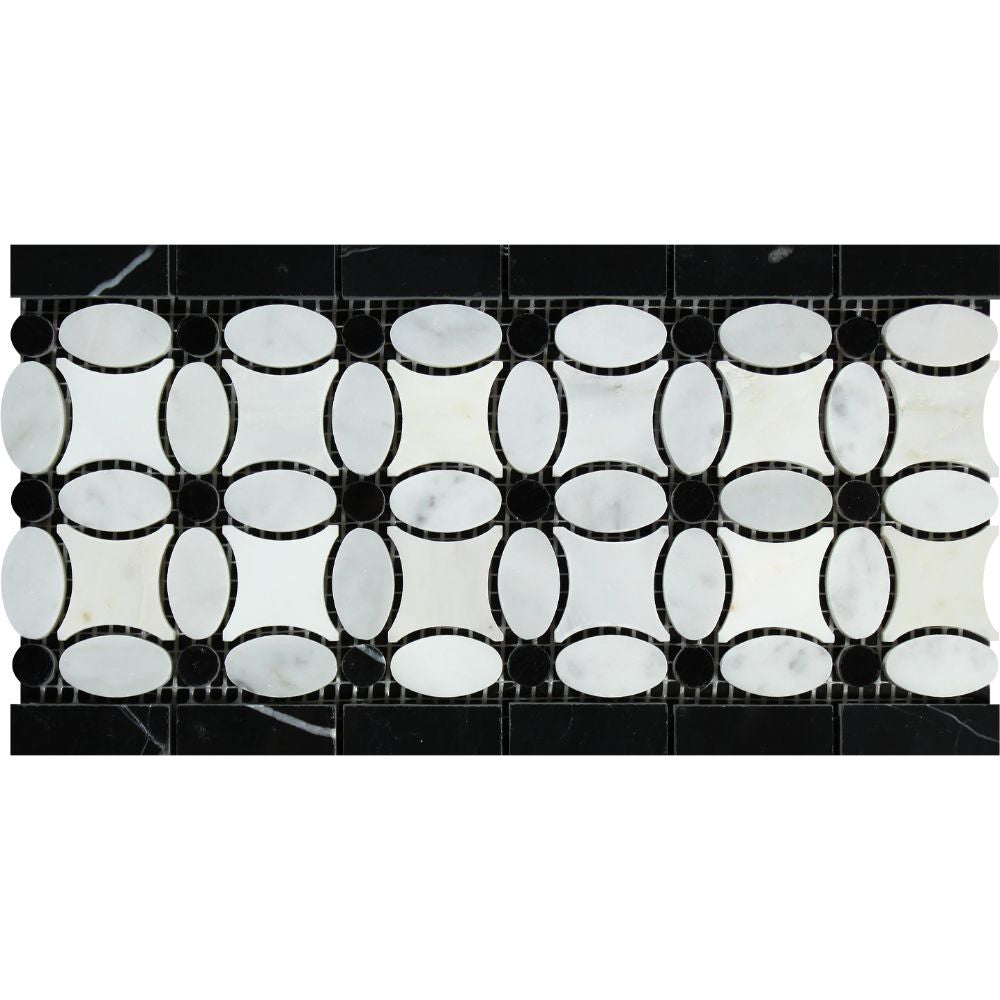 Bianco Carrara Honed Marble Florida Flower Border (Thassos + White Carrara (Oval) + Black (Dots)) Sample - Tilephile