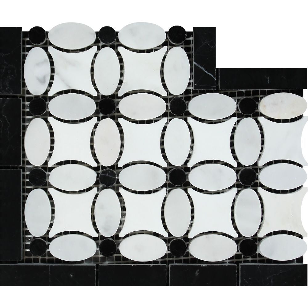 Bianco Carrara Honed Marble Florida Flower Corner (Thassos + White Carrara (Oval) + Black (Dots)) Sample - Tilephile