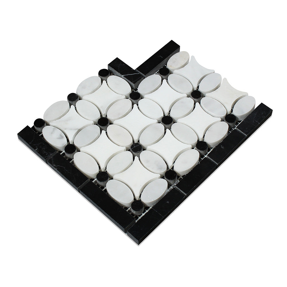 Bianco Carrara Honed Marble Florida Flower Corner (Thassos + White Carrara (Oval) + Black (Dots)) - Tilephile