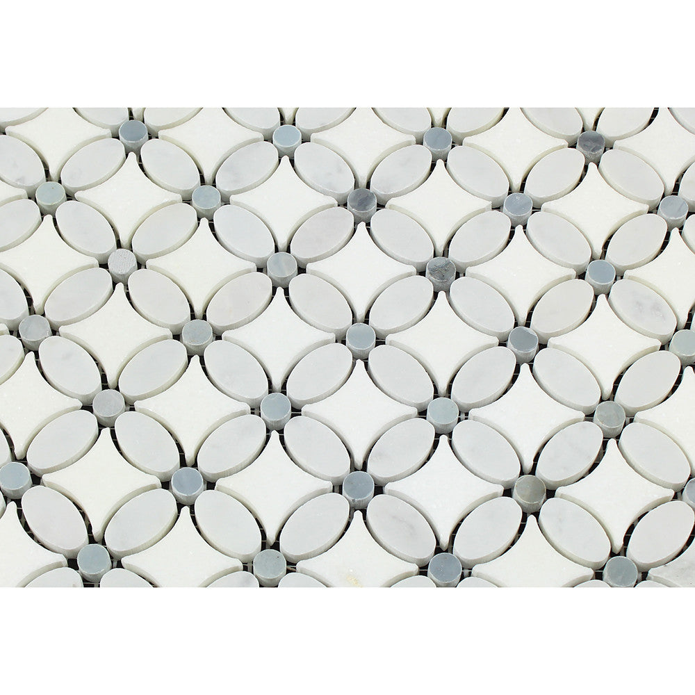 Bianco Carrara Honed Marble Florida Flower Mosaic Tile (Thassos + Carrara (Oval) + Blue-Gray (Dots)) - Tilephile