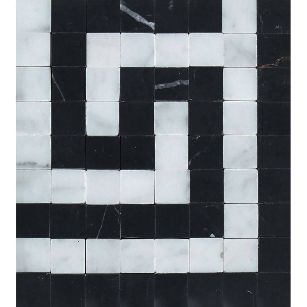 Bianco Carrara Honed Marble Greek Key Corner (Carrara w/ Black) Sample - Tilephile