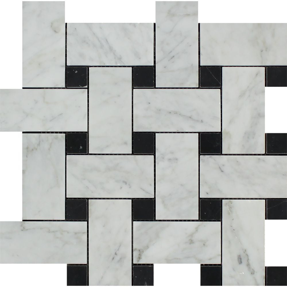Bianco Carrara Honed Marble Large Basketweave Mosaic Tile (w/ Black Dots) Sample - Tilephile
