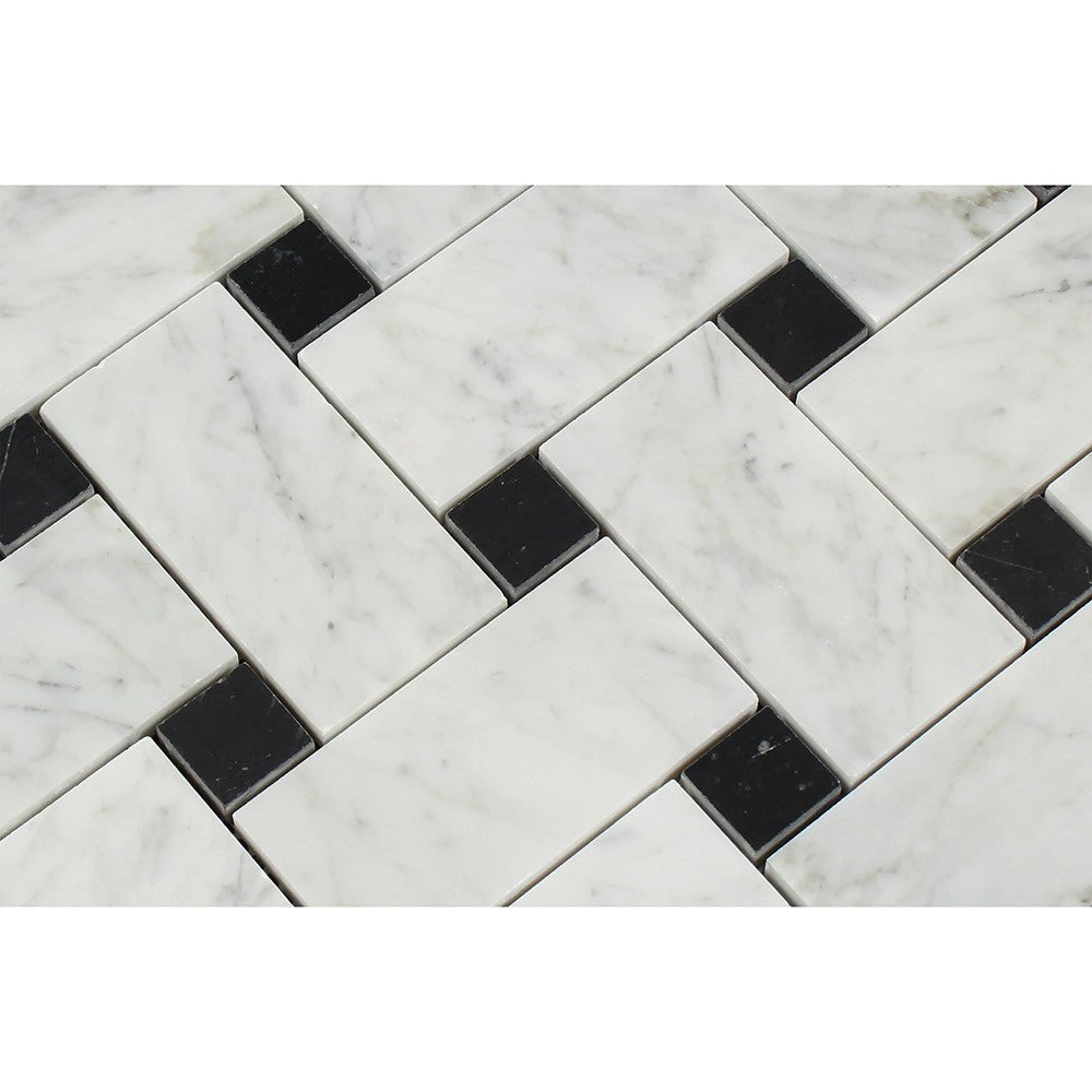 Bianco Carrara Honed Marble Large Basketweave Mosaic Tile (w/ Black Dots) - Tilephile