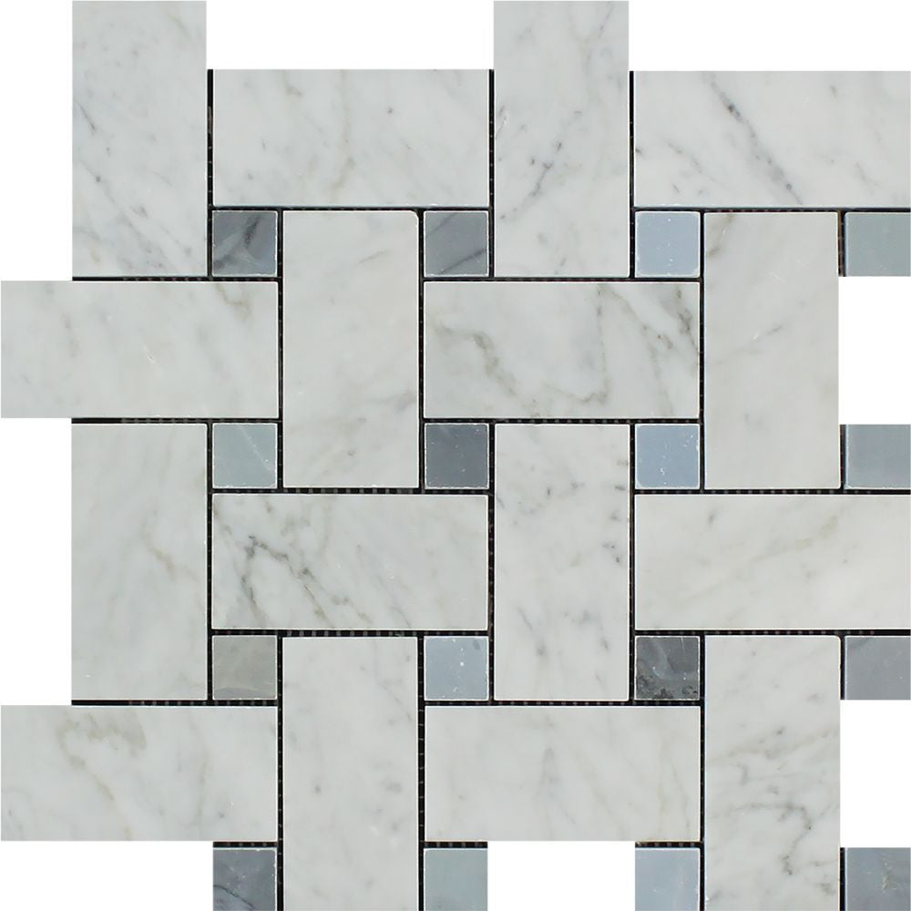 Bianco Carrara Honed Marble Large Basketweave Mosaic Tile (w/ Blue-Gray Dots) - Tilephile