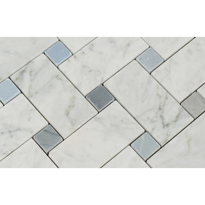 Bianco Carrara Honed Marble Large Basketweave Mosaic Tile (w/ Blue-Gray Dots) - Tilephile