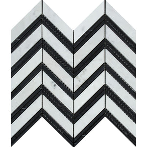 Bianco Carrara Honed Marble Large Chevron Mosaic Tile (Carrara + Black (Thin Strips)) - Tilephile
