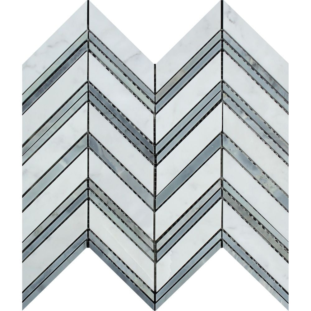 Bianco Carrara Honed Marble Large Chevron Mosaic (Carrara + Blue-Gray (Thin Strips)) Sample - Tilephile