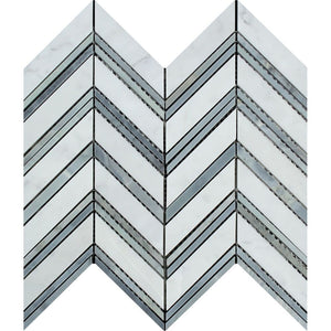 Bianco Carrara Honed Marble Large Chevron Mosaic Tile (Carrara + Blue-Gray (Thin Strips)) - Tilephile