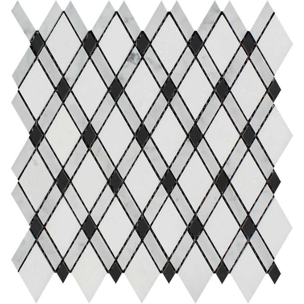 Bianco Carrara Honed Marble Lattice Mosaic Tile (Thassos + Carrara + Black) Sample - Tilephile