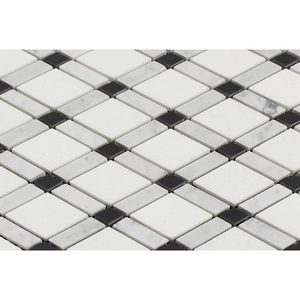 Bianco Carrara Honed Marble Lattice Mosaic Tile (Thassos + Carrara + Black) - Tilephile