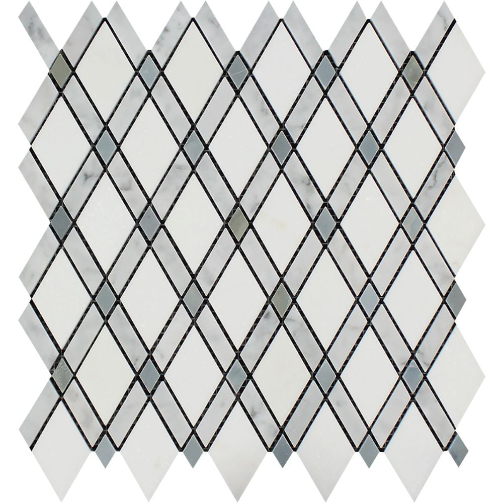 Bianco Carrara Honed Marble Lattice Mosaic Tile (Thassos + Carrara + Blue-Gray) Sample - Tilephile