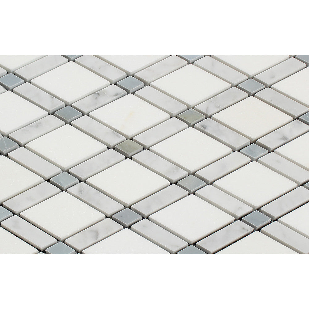Bianco Carrara Honed Marble Lattice Mosaic Tile (Thassos + Carrara + Blue-Gray) - Tilephile