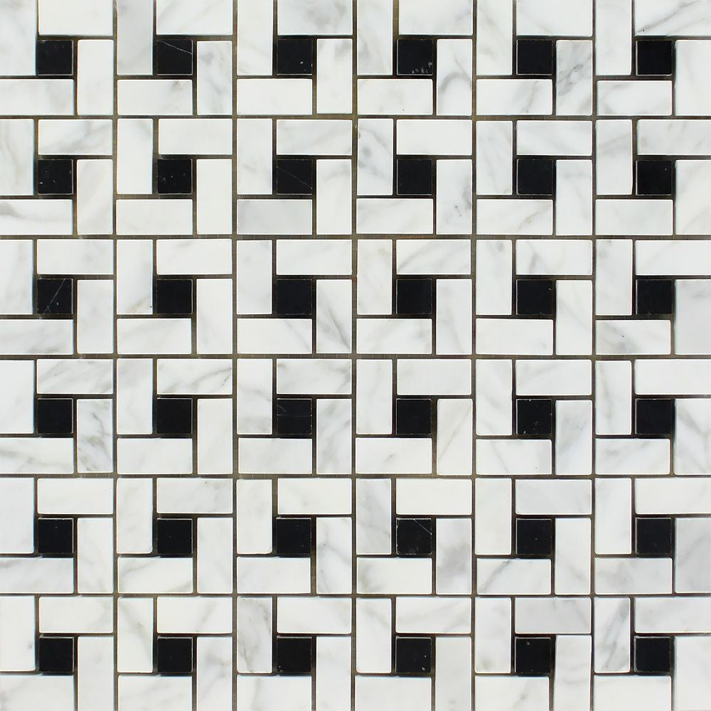 Bianco Carrara Honed Marble Mini Pinwheel Mosaic Tile (w/ Black Dots) Sample - Tilephile