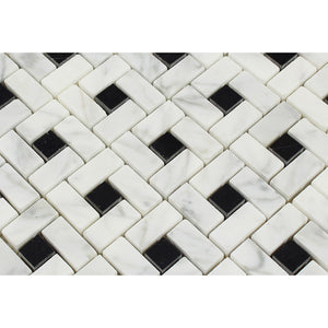 Bianco Carrara Honed Marble Mini Pinwheel Mosaic Tile (w/ Black Dots) - Tilephile