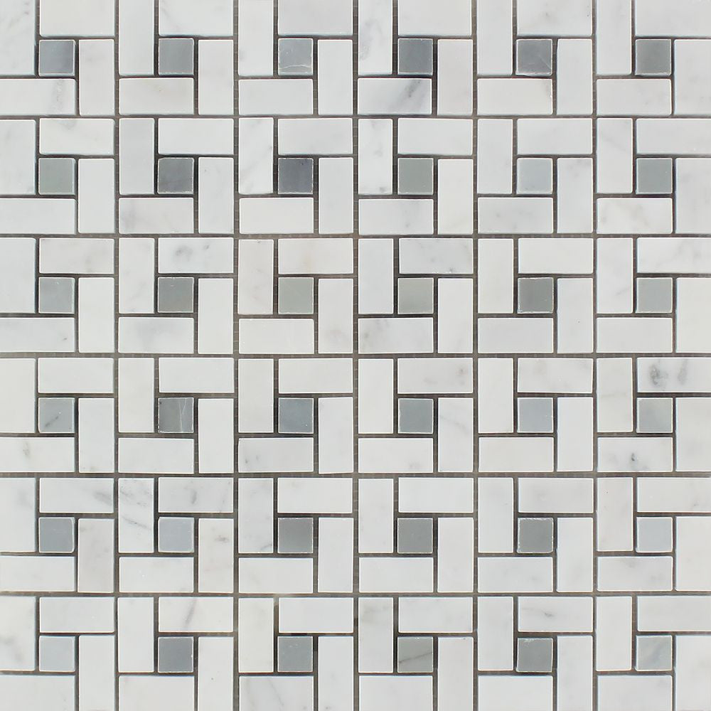 Bianco Carrara Honed Marble Mini Pinwheel Mosaic Tile (w/ Blue-Gray Dots) Sample - Tilephile