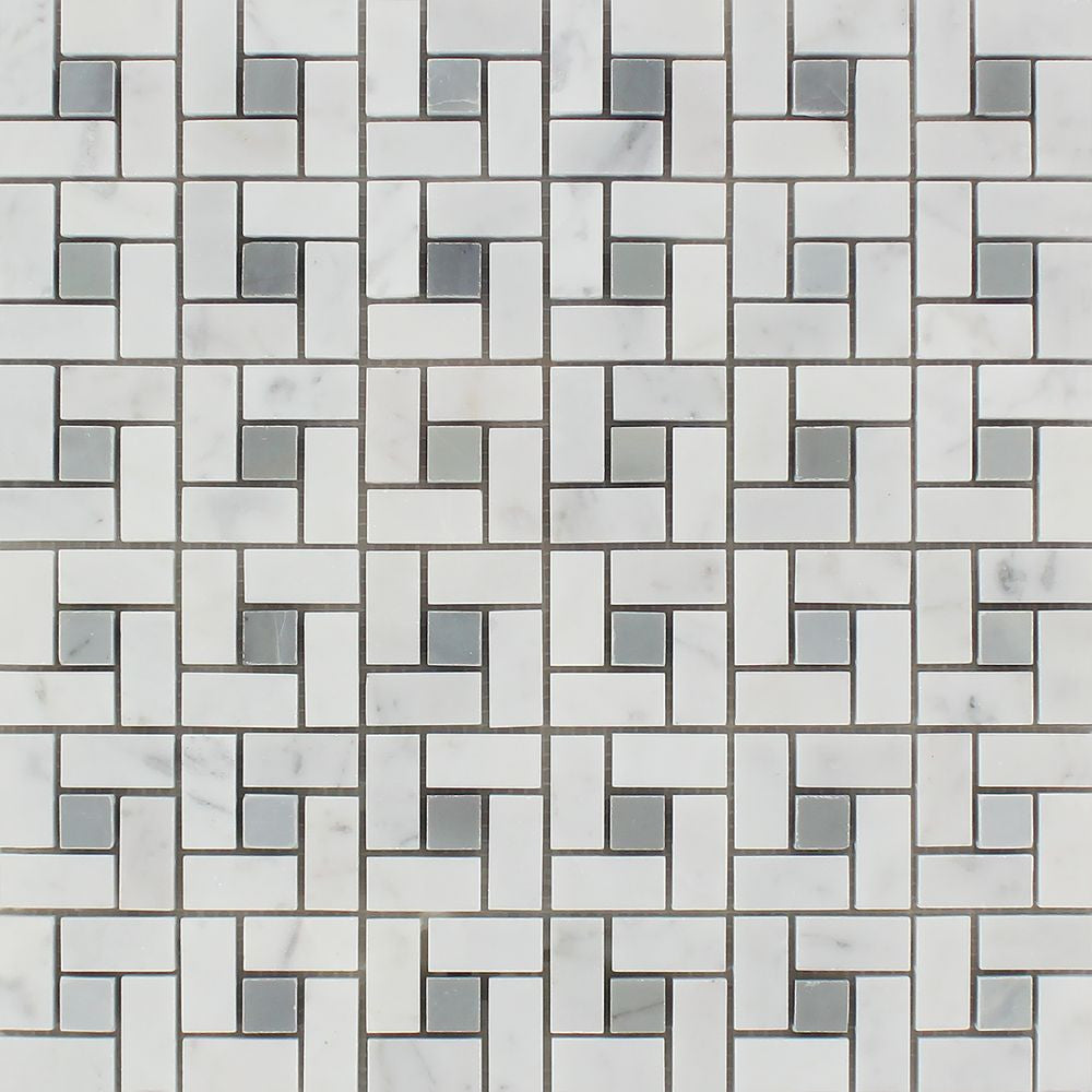 Bianco Carrara Honed Marble Mini Pinwheel Mosaic Tile (w/ Blue-Gray Dots) - Tilephile
