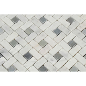 Bianco Carrara Honed Marble Mini Pinwheel Mosaic Tile (w/ Blue-Gray Dots) - Tilephile